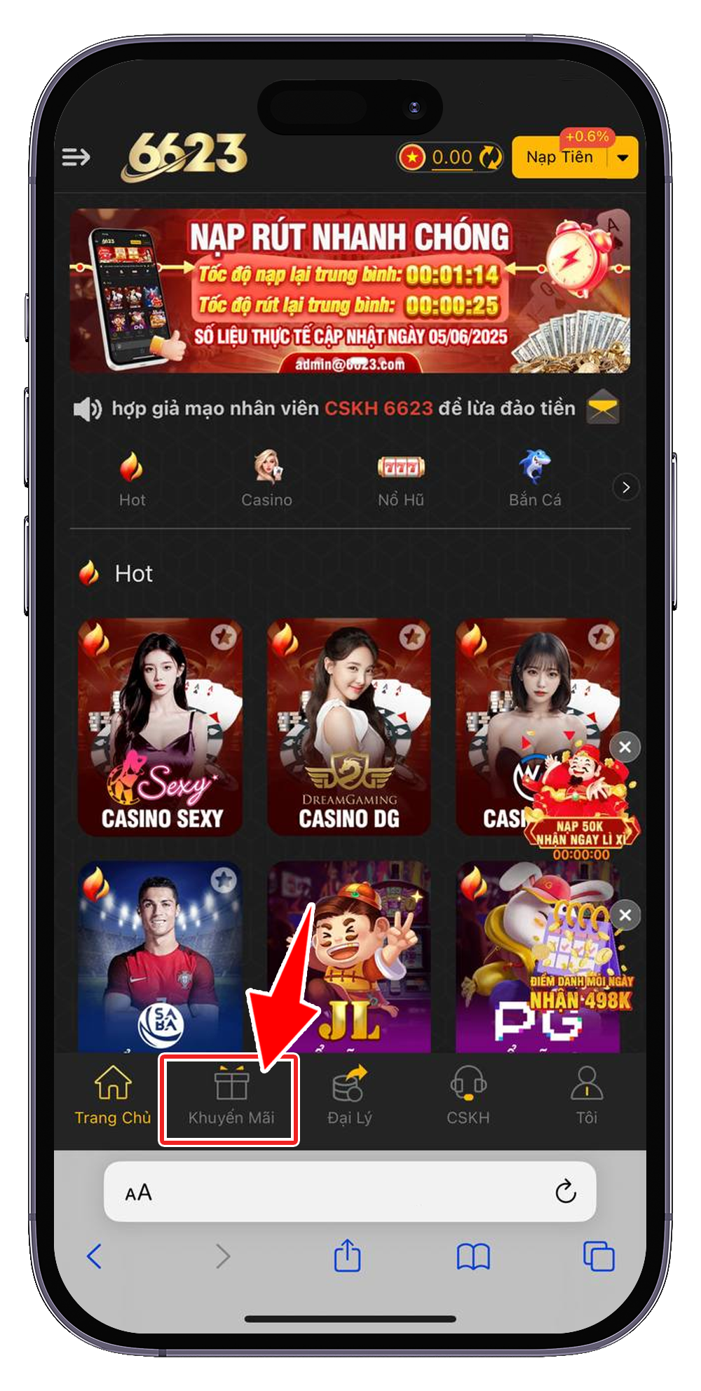 Chọn mục Khuyến Mãi